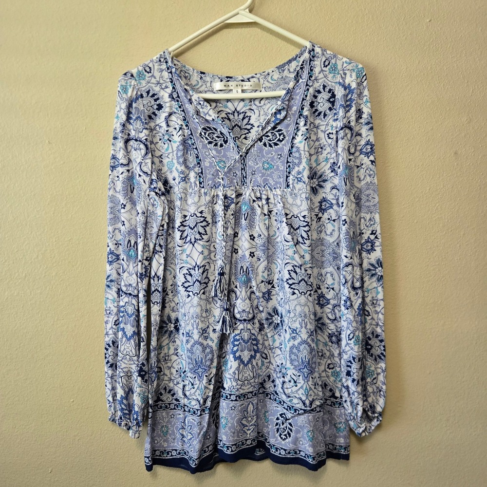 Max Studio Blue White Paisley Floral Tassel Tie Peasant Blouse Small 5712E32
